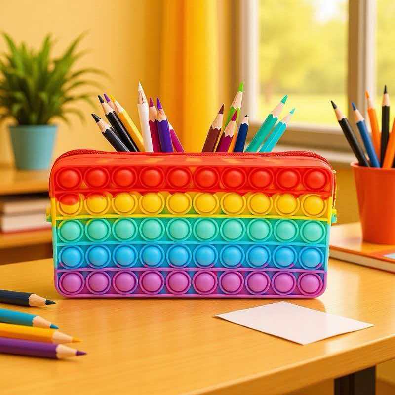 Sports Equipment For Schools - Regenbogen-Federmäppchen aus Silikon mit Push-Bubble-Fidget-Spielzeug, Aufbewahrungstasche